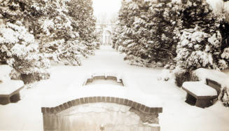 View from fountain to Greenhouse entrance in snow