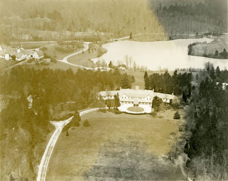 Aerial view of Reynolda estate including house and Lake Katharine