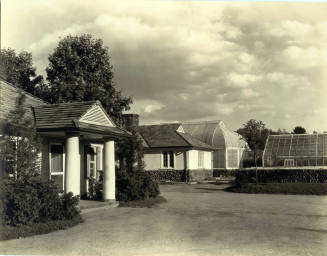 Greenhouse complex from Village, with entrance to office (later post office) at left