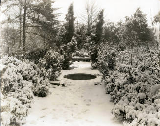 Fountain and bench behind R. J. Reynolds' Study in snow.