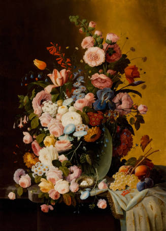 Severin Roesen, Flowers in a Glass Pitcher with Bird's Nest and Fruit, circa 1867