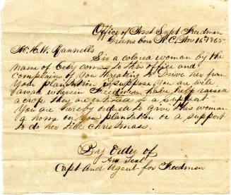 Letter, Freedmen's Bureau to Hardin W. Reynolds, November 16, 1865